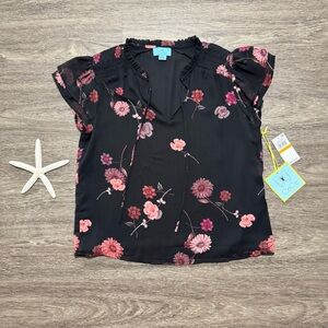 NWT CeCe Women’s Black Floral Print Tie-Neck Short Sleeve Blouse, Size Small
